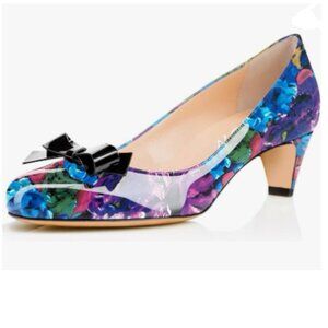 YDN Purple Floral Round Toe Pumps Low Heels Shoes with Bowknot for Work Ladies